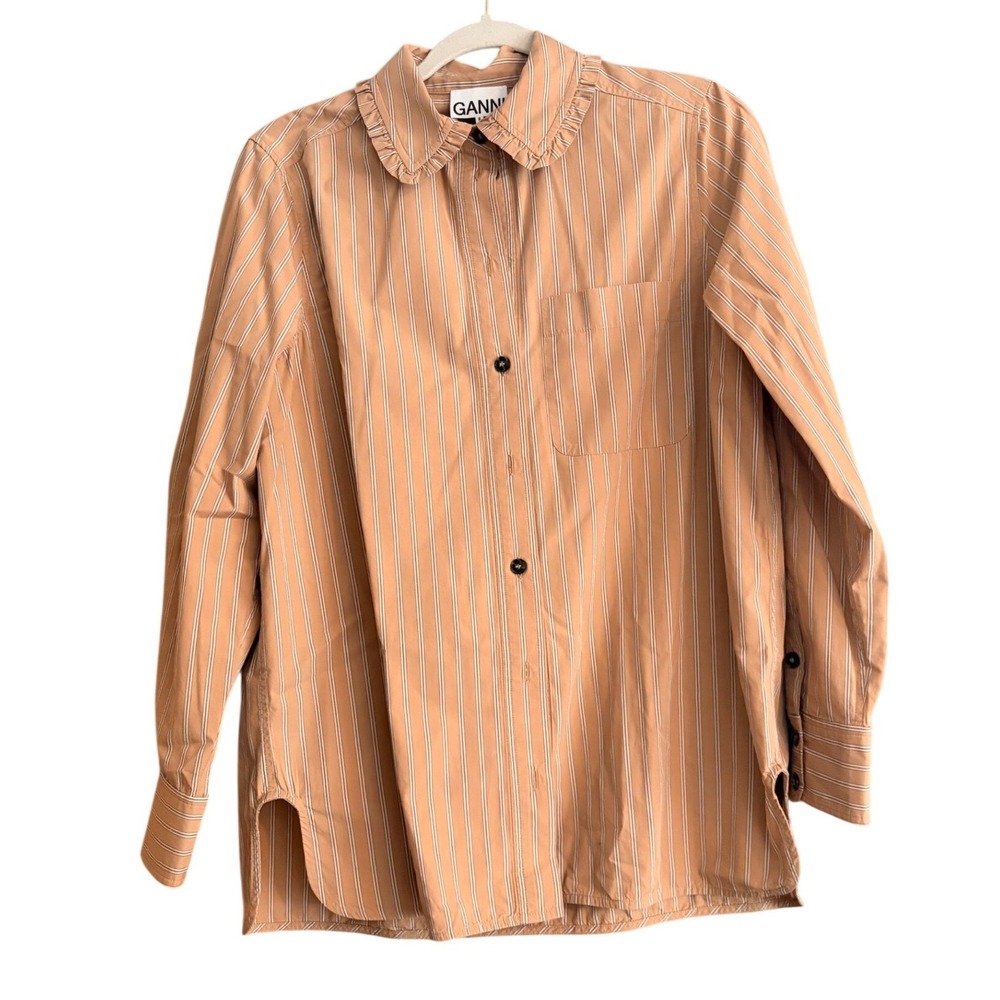 Ganni Striped Organic Cotton Ruffle Collar Button Down Shirt Tan White like new